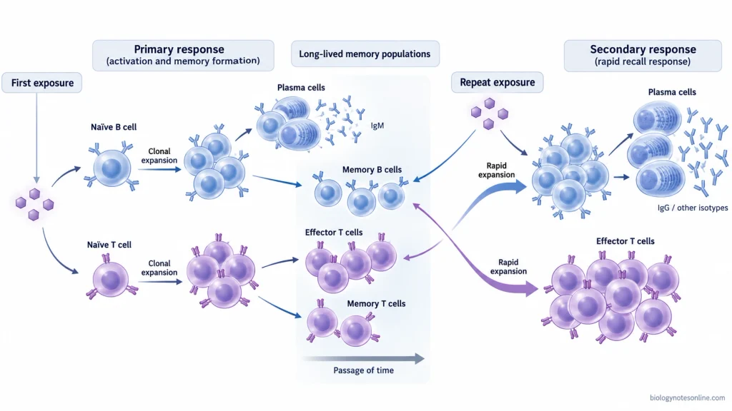 Naïve B and T cells activate after first antigen exposure, form effector and memory cells, and memory cells rapidly respond when the same antigen is encountered again.