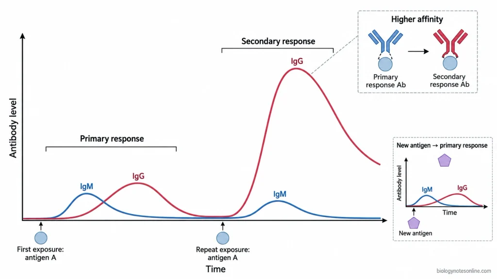Schematic graph showing a slower, smaller primary antibody response after first antigen exposure and a faster, larger secondary response to the same antigen, with IgM and class-switched antibody patterns.