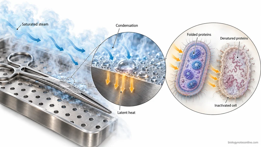 Saturated steam condensing on a metal instrument, releasing latent heat and causing microbial proteins to denature.