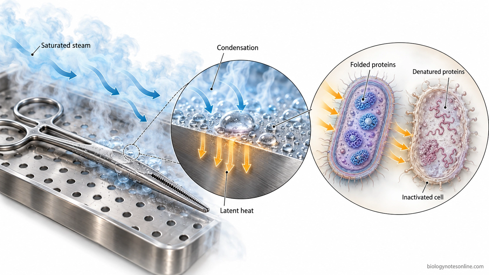 Saturated steam condensing on a metal instrument, releasing latent heat and causing microbial proteins to denature.