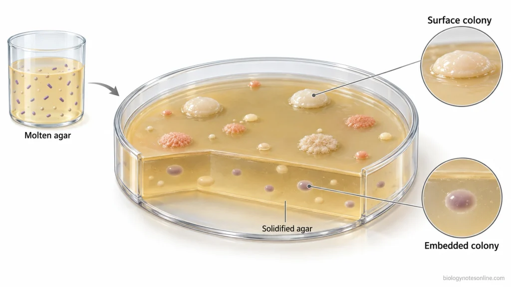 Transparent cutaway of a pour plate showing microbial colonies on the agar surface and smaller colonies embedded at different depths within the solidified medium.