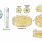Scientific schematic showing dilution of a microbial suspension, separation of colony-forming units on solid agar, and development of individual surface colonies.