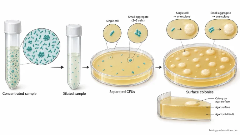 Scientific schematic showing dilution of a microbial suspension, separation of colony-forming units on solid agar, and development of individual surface colonies.
