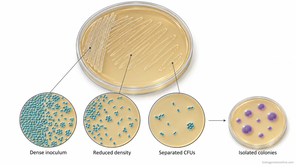 Streak plate showing progressively fewer microbial cells across the agar, with magnified views of separated colony-forming units developing into isolated colonies.