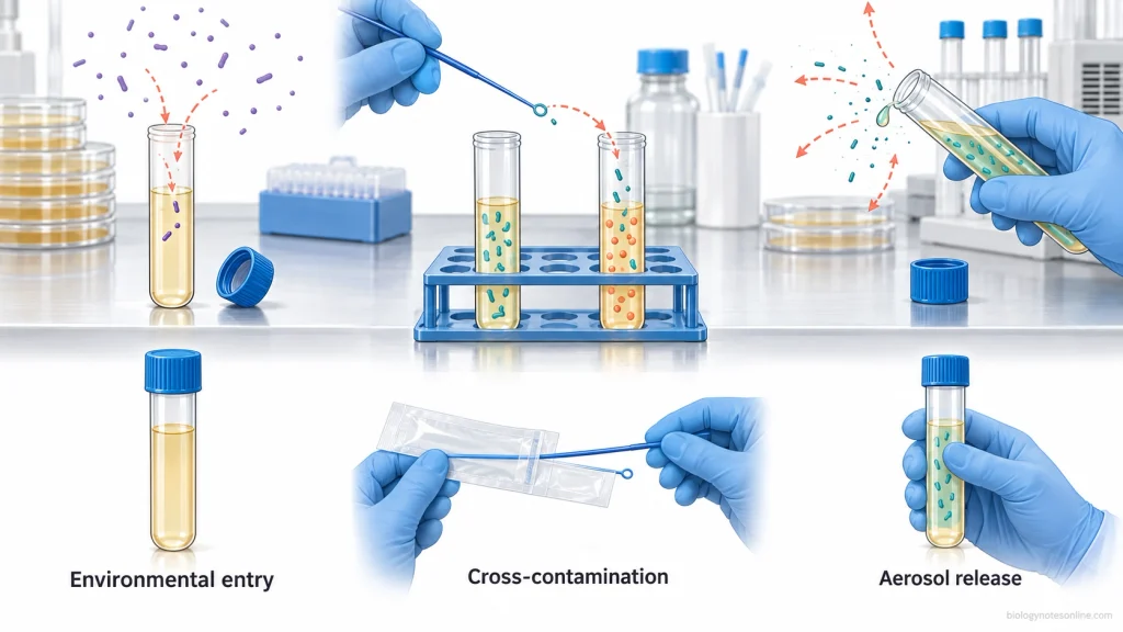 Three contamination pathways in microbiology: airborne microorganisms entering cultures, cross-contamination through an inoculating loop, and microbial release during improper handling, with corresponding aseptic controls.