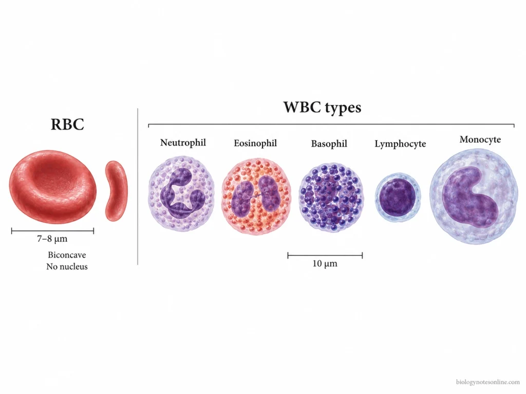 RBC vs WBC - Differences in Structure, Function, Count, and Lifespan 1 Comparison of a biconcave anucleate red blood cell with neutrophil, eosinophil, basophil, lymphocyte, and monocyte morphology.