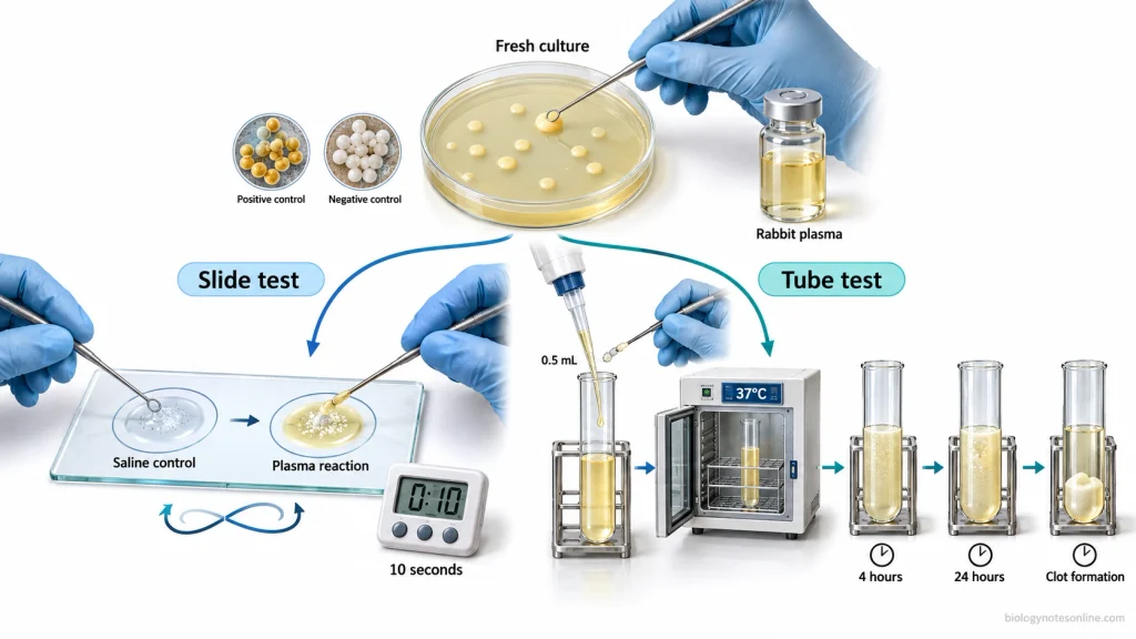 Laboratory workflow showing bacterial culture added to saline and rabbit plasma on a slide and to a plasma-filled tube for incubation and clot observation.