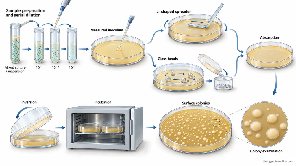 Five spread plate results showing well-separated colonies, overcrowded colonies, confluent bacterial growth, no visible growth, and uneven colony distribution.