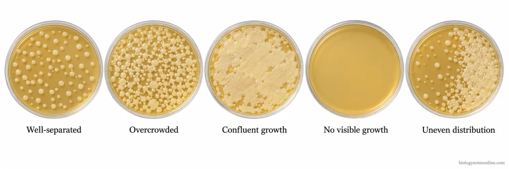 Five spread plate results showing well-separated colonies, overcrowded colonies, confluent bacterial growth, no visible growth, and uneven colony distribution.