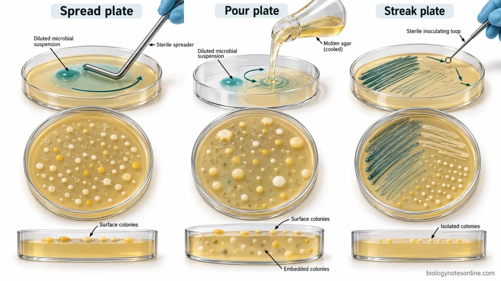 Comparison of spread plating with surface colonies, pour plating with embedded and surface colonies, and streak plating with progressively isolated colonies.