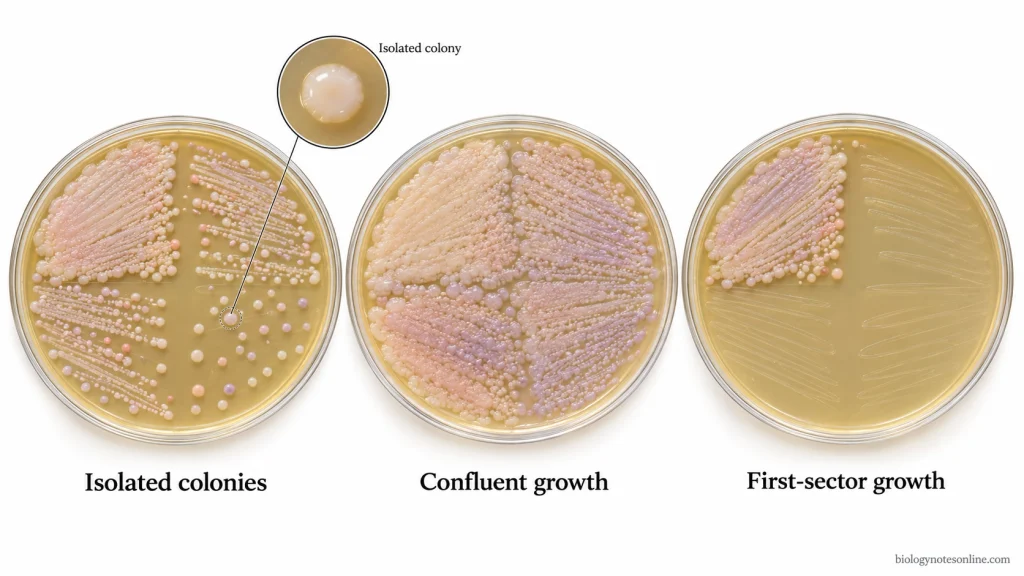 Three streak plates showing isolated colonies after successful streaking, confluent bacterial growth, and growth limited to the initial streaking region.