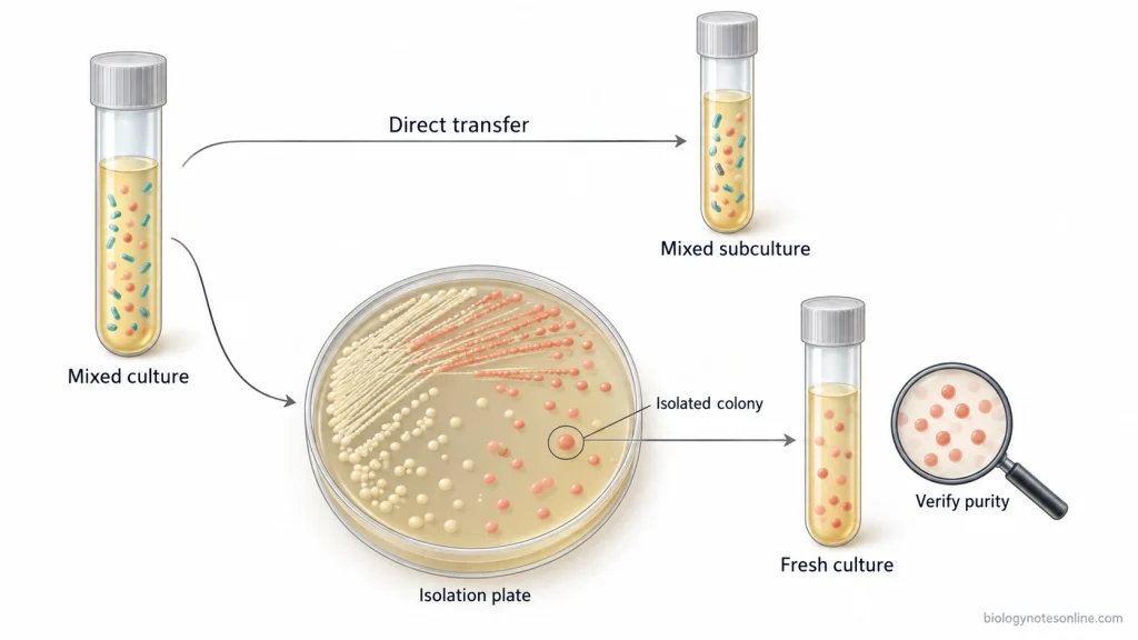 A mixed microbial culture follows two pathways: direct transfer into fresh broth or colony isolation on agar before transfer to a new culture.