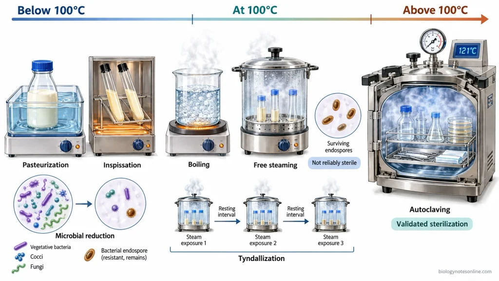 Temperature-based classification showing pasteurization and inspissation below 100°C, boiling and Tyndallization at 100°C, and autoclaving above 100°C.