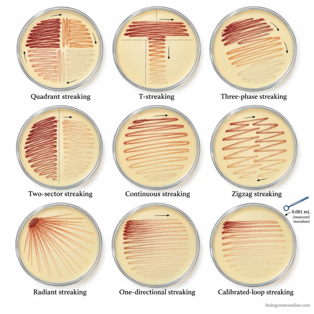 Nine Petri dish diagrams showing quadrant, T-streak, three-phase, two-sector, continuous, zigzag, radiant, one-directional, and calibrated-loop streaking methods.