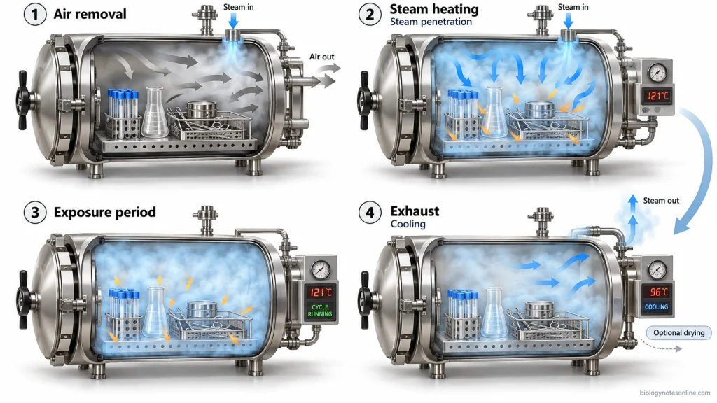 Four-stage autoclave workflow showing air removal, steam heating, sterilization exposure, and exhaust with cooling.