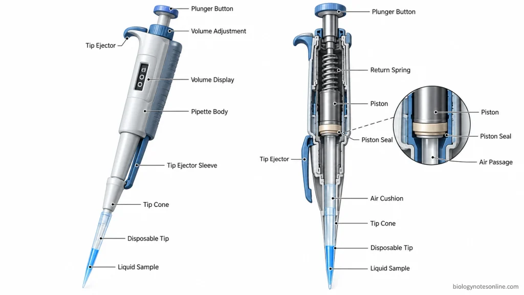 External and cutaway views of an air displacement micropipette showing the plunger, piston, return spring, seal, air cushion, shaft, tip ejector and disposable tip.