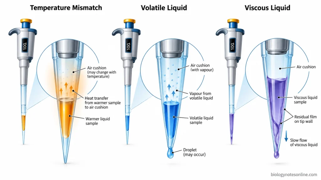 Three pipette cutaways showing how temperature mismatch, liquid evaporation into the air cushion, and viscous liquid adhering to the tip can affect pipetting accuracy.