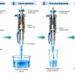 Four-stage air displacement pipetting mechanism showing first-stop preparation, upward piston movement during aspiration, liquid dispensing and second-stop blow-out.