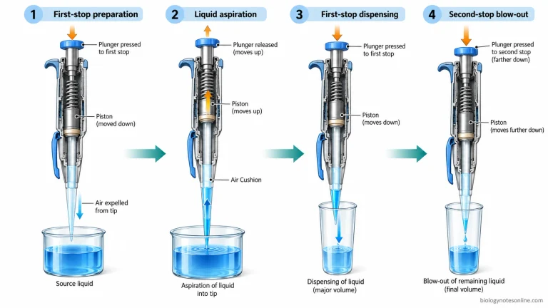 Four-stage air displacement pipetting mechanism showing first-stop preparation, upward piston movement during aspiration, liquid dispensing and second-stop blow-out.