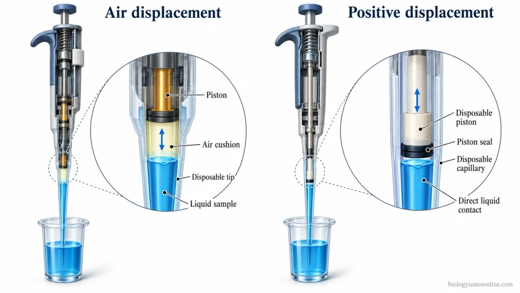 Side-by-side pipette cutaways showing an air cushion between the piston and liquid in air displacement pipetting and direct piston-liquid contact in positive displacement pipetting.