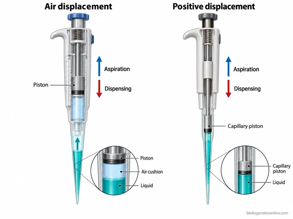Cutaway of two pipette mechanisms showing an air cushion separating the piston from the liquid in air-displacement pipetting and direct piston contact in positive-displacement pipetting.