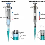 Cutaway of two pipette mechanisms showing an air cushion separating the piston from the liquid in air-displacement pipetting and direct piston contact in positive-displacement pipetting.