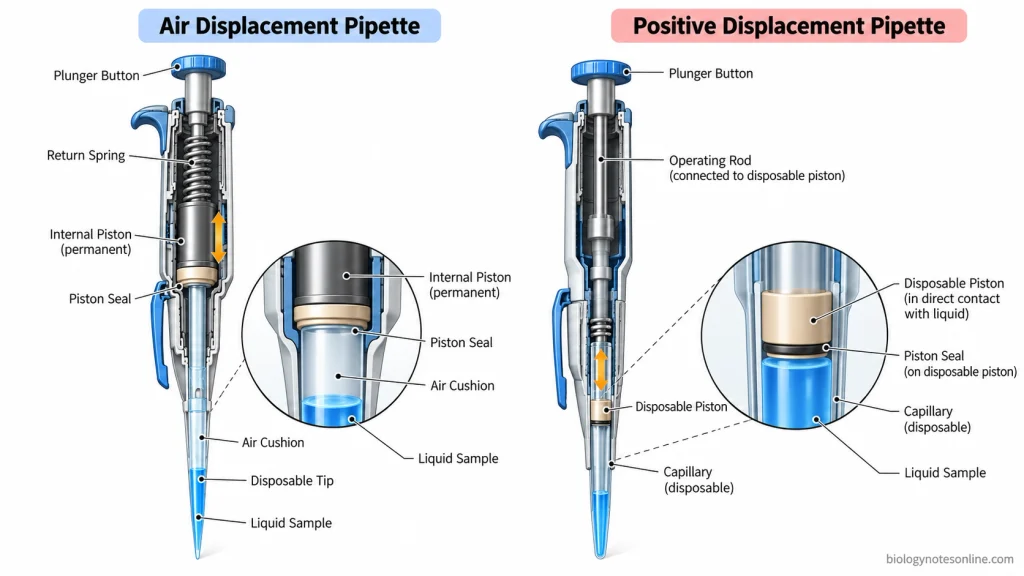 Side-by-side cutaway of air and positive displacement pipettes showing an air cushion separating the internal piston from liquid in one and direct disposable piston contact in the other.