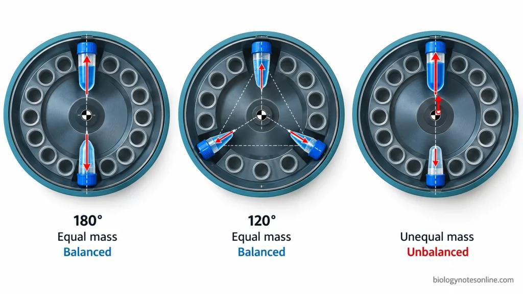 Three centrifuge rotor arrangements showing balanced opposing tubes, a balanced three-tube pattern at 120°, and unequal opposing loads producing an unbalanced force.