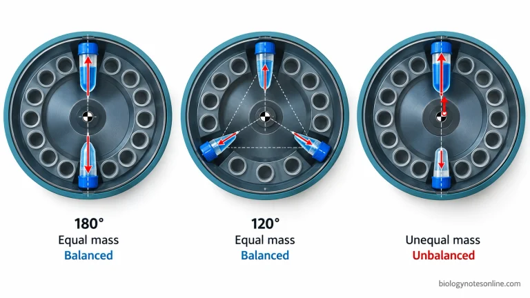 Three centrifuge rotor arrangements showing balanced opposing tubes, a balanced three-tube pattern at 120°, and unequal opposing loads producing an unbalanced force.