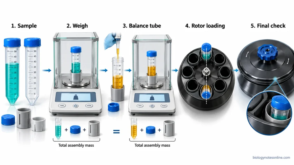 Laboratory workflow showing capped sample tubes, weighing on a digital balance, preparation of a matched balance tube, opposite rotor loading, and final inspection.