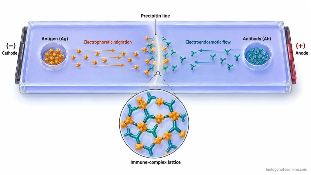 Counter Current Immunoelectrophoresis: Principle, Procedure, Results & Uses 1 Antigen migrates toward the anode while antibody moves toward the cathode through electroendosmotic flow, forming a precipitin line between wells in agarose gel.