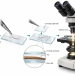 Step-by-step dry mount preparation showing a hair specimen placed on a microscope slide, an optional coverslip, and examination under a light microscope.