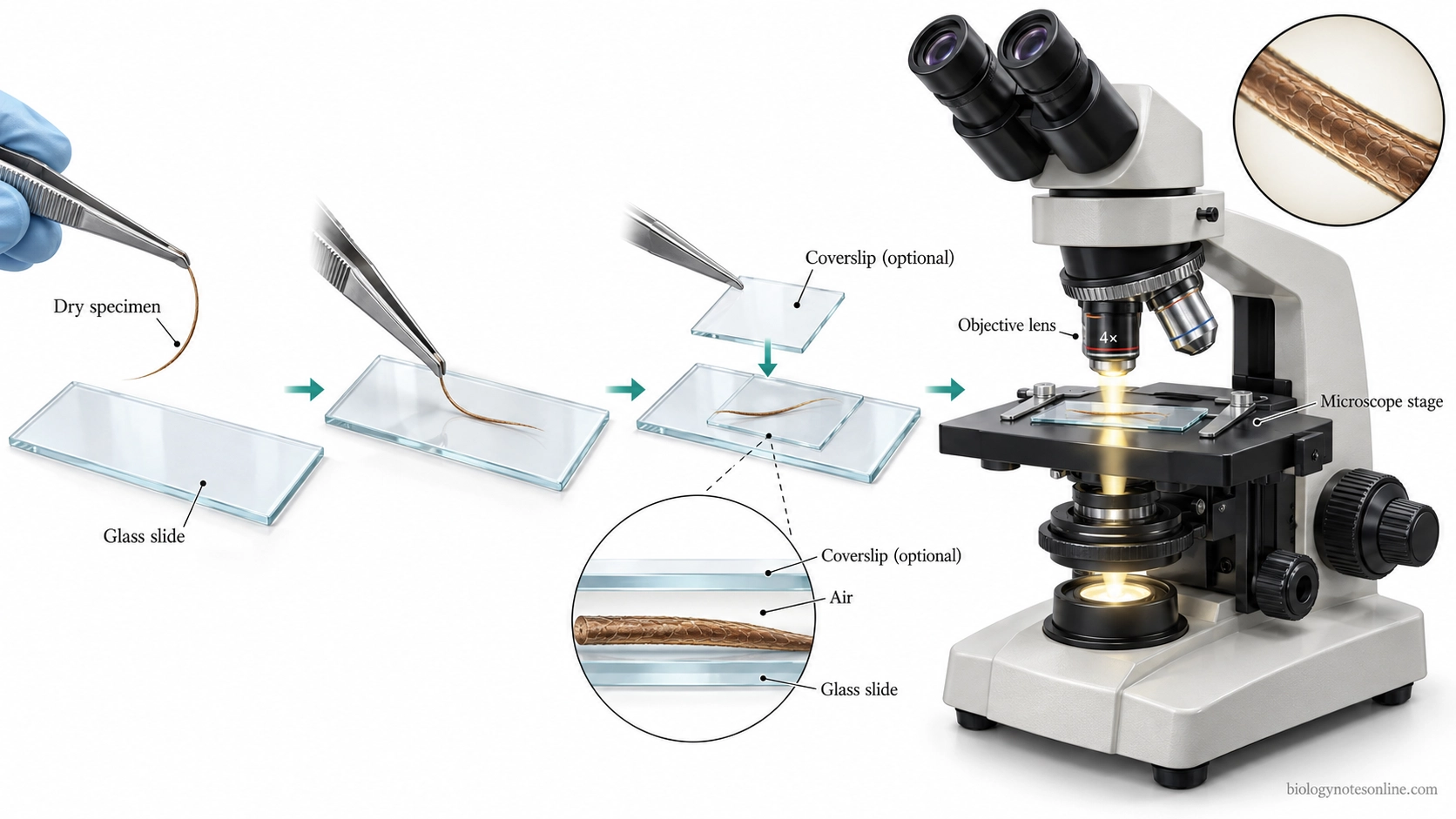 Step-by-step dry mount preparation showing a hair specimen placed on a microscope slide, an optional coverslip, and examination under a light microscope.