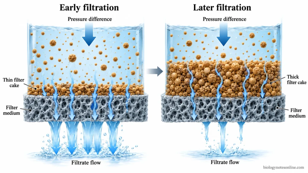 Filtration - Definition, Principle, Process, Types & Examples 5 Cross-sectional comparison of thin and thick filter cakes showing reduced liquid flow through a thicker deposited particle layer under constant pressure.