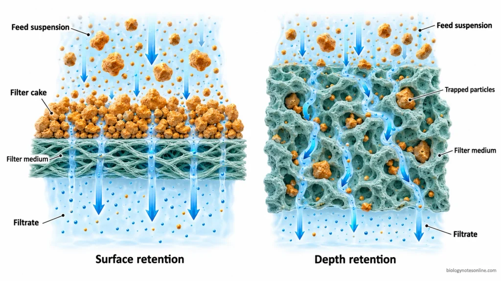Filtration - Definition, Principle, Process, Types & Examples 1 Cross-sectional comparison of surface filtration with an accumulated filter cake and depth filtration with particles trapped within a porous medium.