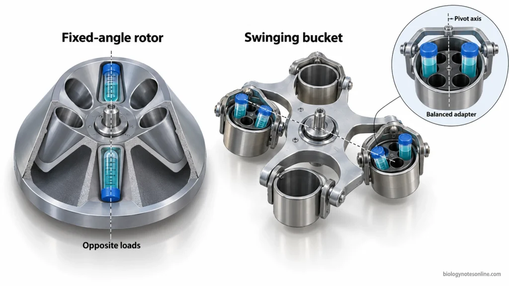 Fixed-angle rotor with two opposing sample tubes compared with a swinging-bucket rotor showing opposing loaded buckets and symmetrical tube placement around a bucket pivot axis.