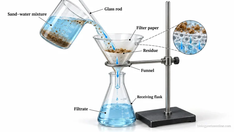 Laboratory gravity filtration apparatus showing a sand–water suspension poured through a filter-paper-lined funnel, with sand retained and filtrate collected in a flask.