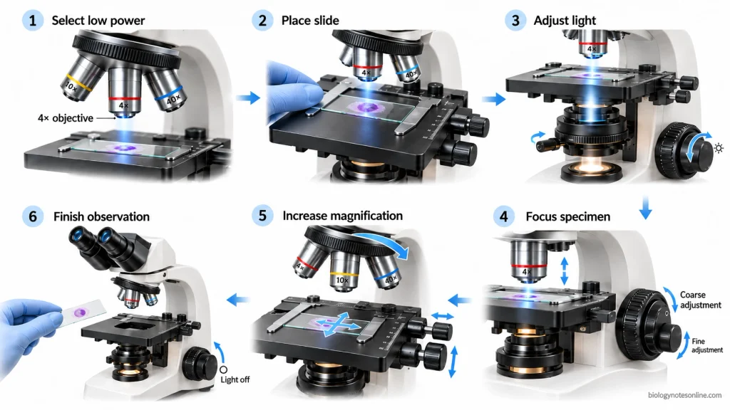 Six-stage microscope operating procedure showing selection of the low-power objective, slide placement, illumination, focusing, increasing magnification, and finishing observation.