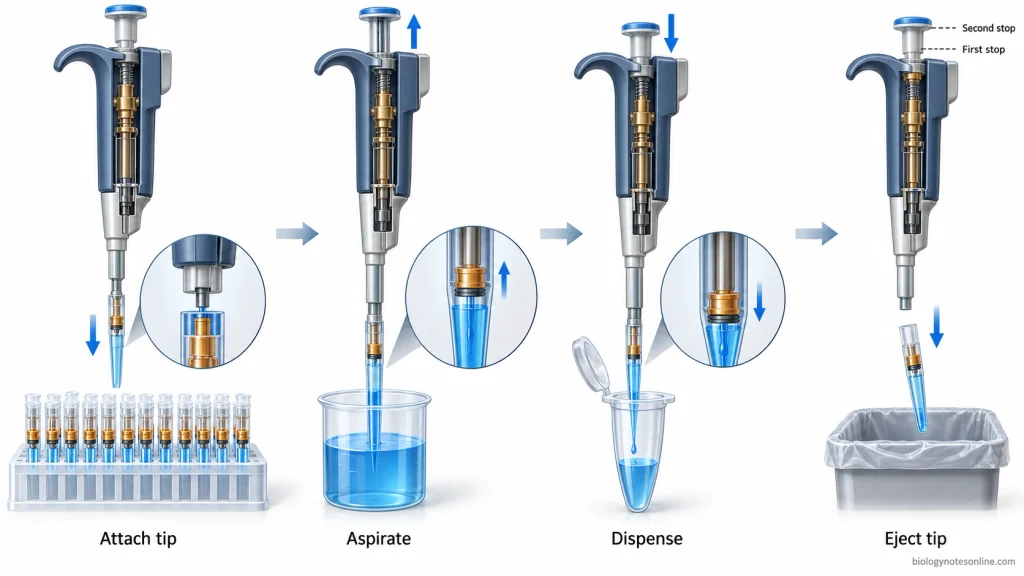 Four-stage laboratory workflow showing attachment of a capillary-piston tip, liquid aspiration, dispensing into a receiving tube, and ejection of the used tip.