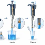 Four-stage laboratory workflow showing attachment of a capillary-piston tip, liquid aspiration, dispensing into a receiving tube, and ejection of the used tip.