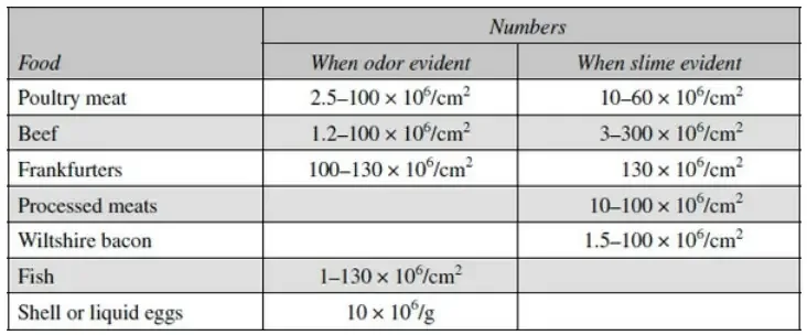 Numbers of Microorganisms at Time of Appearance of Odor and Slime in Proteinaceous Foods
