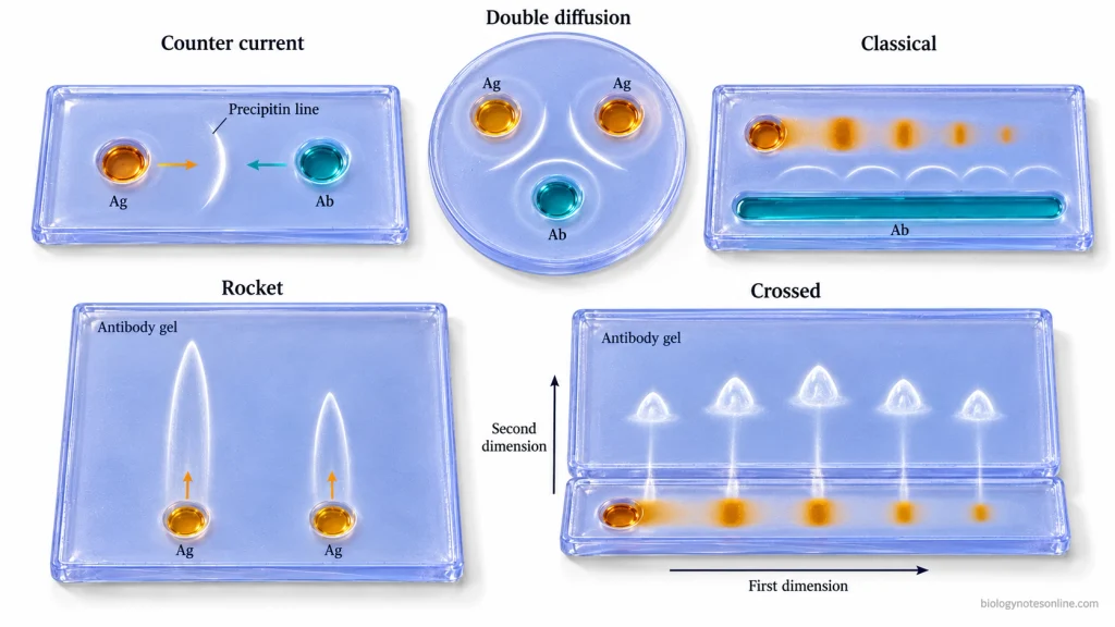 Counter Current Immunoelectrophoresis: Principle, Procedure, Results & Uses 4 Comparison of five immunoprecipitation methods showing opposing migration in CIE, passive diffusion in Ouchterlony, precipitin arcs in classical immunoelectrophoresis, rocket peaks, and two-dimensional crossed immunoelectrophoresis.