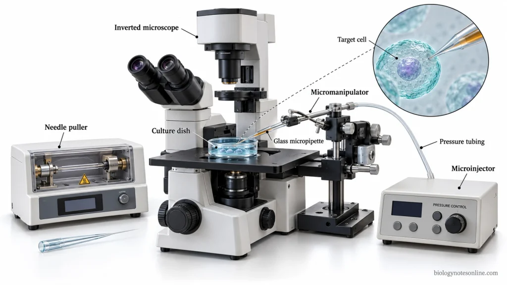 Microinjection apparatus with an inverted microscope, micromanipulator, glass micropipette, microinjector, culture dish and separate needle puller.