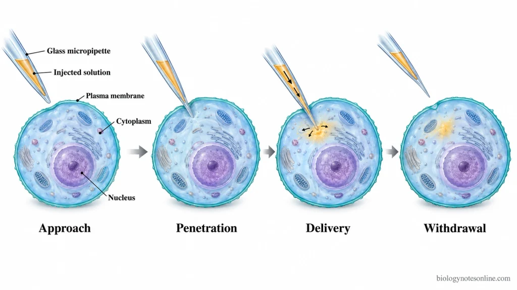 Four stages of microinjection showing a glass micropipette approaching a cell, penetrating its membrane, releasing solution into the cytoplasm and withdrawing.