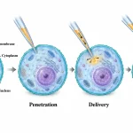 Four stages of microinjection showing a glass micropipette approaching a cell, penetrating its membrane, releasing solution into the cytoplasm and withdrawing.