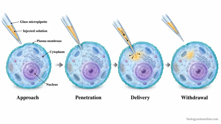 Four stages of microinjection showing a glass micropipette approaching a cell, penetrating its membrane, releasing solution into the cytoplasm and withdrawing.