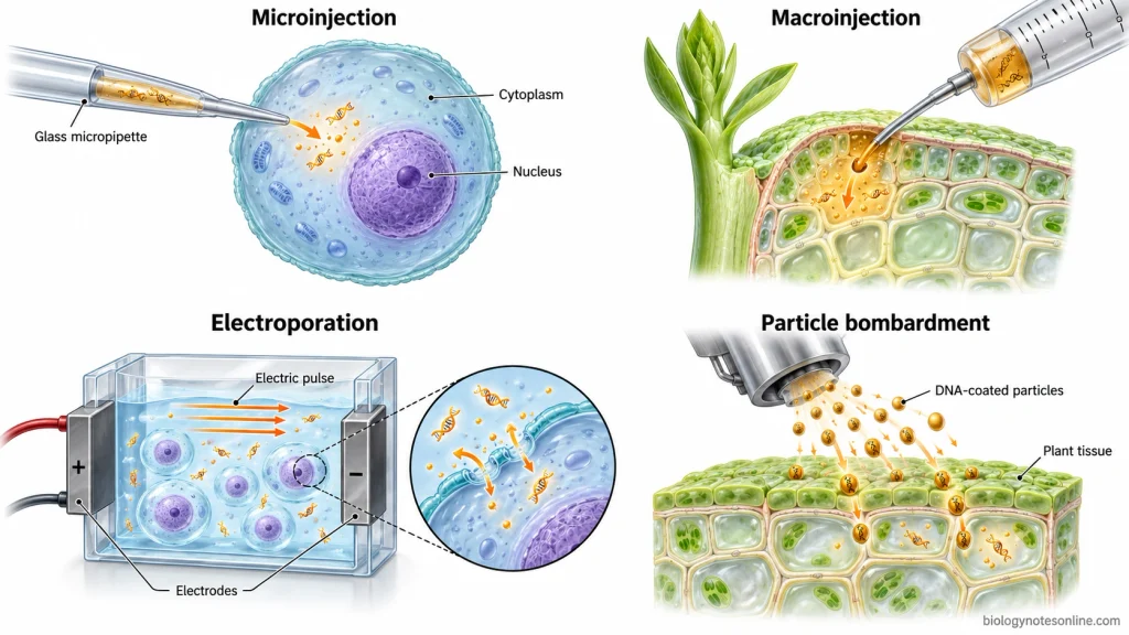 Four physical gene-transfer methods showing single-cell microinjection, plant tissue macroinjection, electrical membrane permeabilization and DNA-coated particle bombardment.