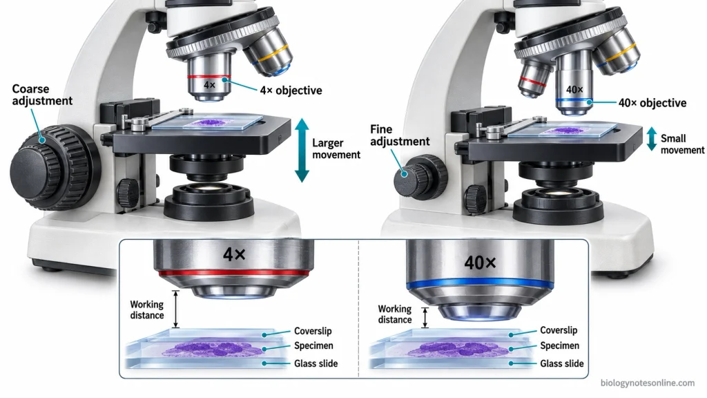 Comparison of coarse focusing with a 4× objective and fine focusing with a 40× objective, showing different adjustment movements and working distances.
