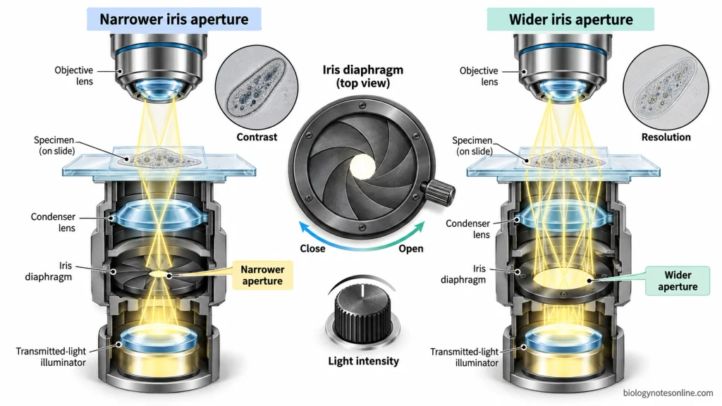 Comparison of narrow and wide condenser iris apertures showing how different illumination cones pass through a microscope specimen and objective.