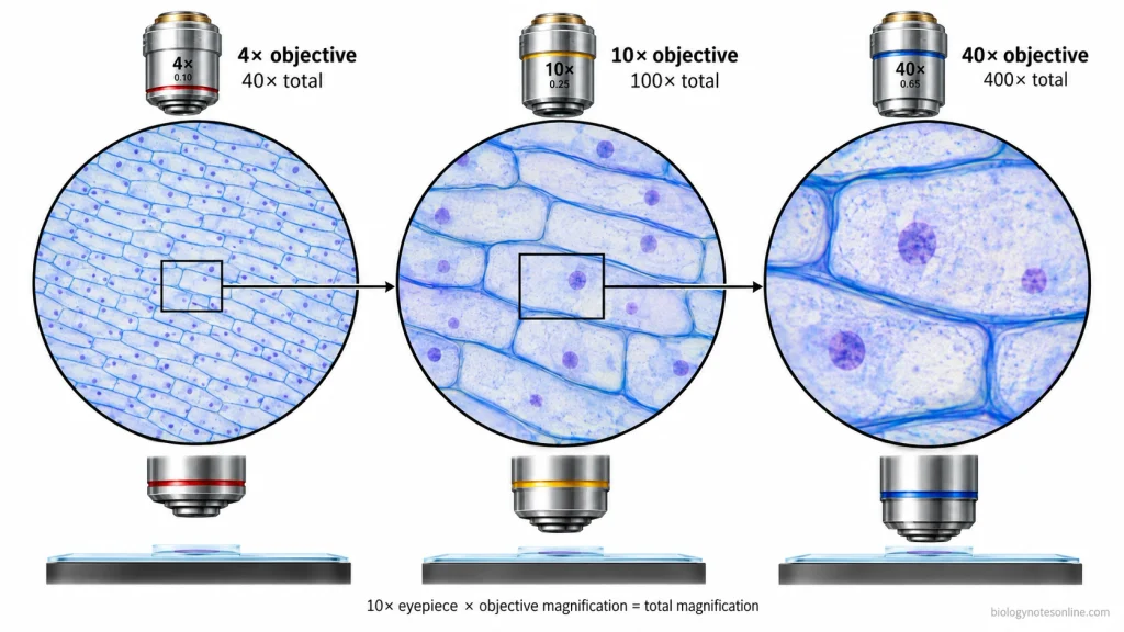 Three microscope viewing fields showing stained onion epidermal cells at 40×, 100×, and 400× total magnification with progressively smaller visible specimen areas.